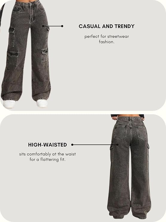 GRAVINIA Cargo Jeans for Women – High Waist Wide Leg Baggy Denim Pants with Utility Pockets, Casual Fit