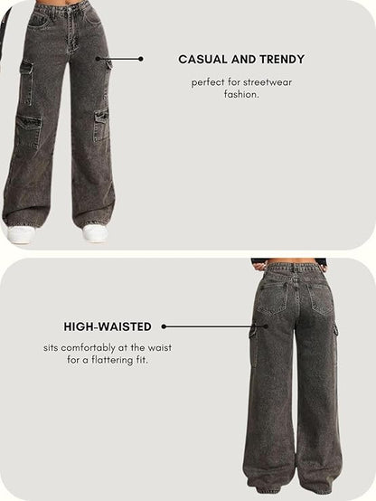 GRAVINIA Cargo Jeans for Women – High Waist Wide Leg Baggy Denim Pants with Utility Pockets, Casual Fit