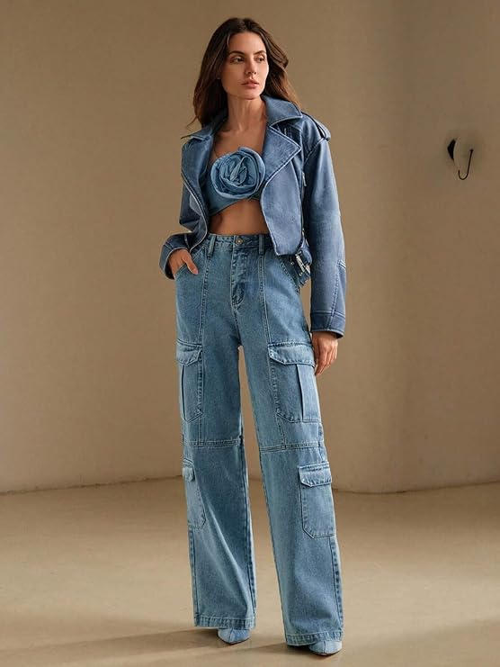 Moon Charm Women's High Rise Stretch Bootcut Denim Jeans | Glam Closet Wide Leg Cargo Pants with Utility Pockets