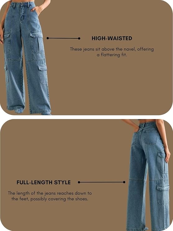 Moon Charm Women's High Rise Stretch Bootcut Denim Jeans | Glam Closet Wide Leg Cargo Pants with Utility Pockets
