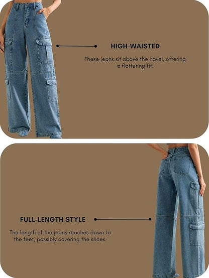 Moon Charm Women's High Rise Stretch Bootcut Denim Jeans | Glam Closet Wide Leg Cargo Pants with Utility Pockets