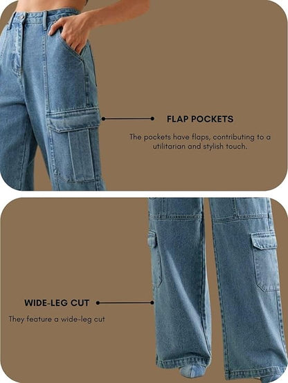 Moon Charm Women's High Rise Stretch Bootcut Denim Jeans | Glam Closet Wide Leg Cargo Pants with Utility Pockets