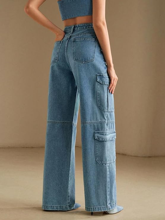 Moon Charm Women's High Rise Stretch Bootcut Denim Jeans | Glam Closet Wide Leg Cargo Pants with Utility Pockets