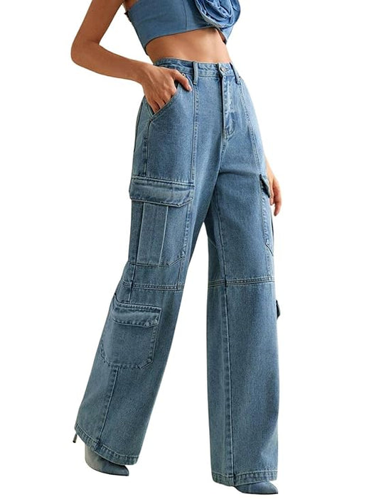 Moon Charm Women's High Rise Stretch Bootcut Denim Jeans | Glam Closet Wide Leg Cargo Pants with Utility Pockets