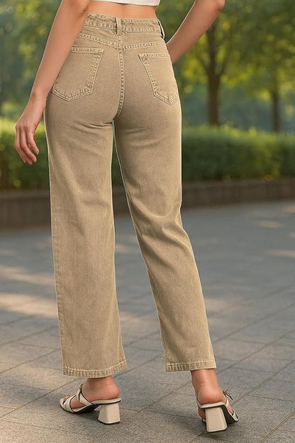 KAREVIA Women's Cotton Wide Leg Jeans Pant with Loose Fit and Comfortable High Rise Design