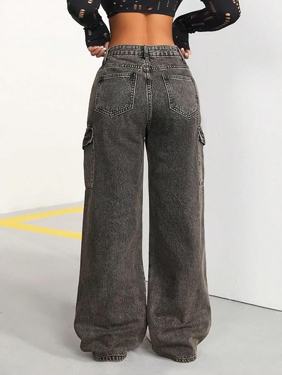 GRAVINIA Cargo Jeans for Women – High Waist Wide Leg Baggy Denim Pants with Utility Pockets, Casual Fit