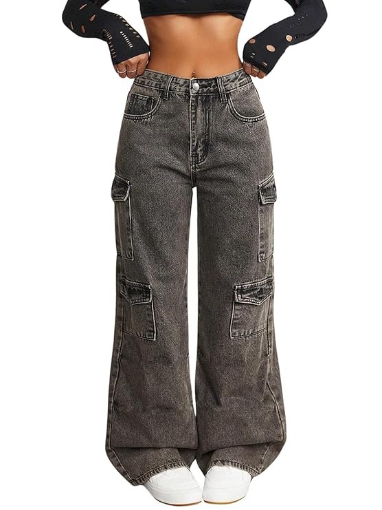 GRAVINIA Cargo Jeans for Women – High Waist Wide Leg Baggy Denim Pants with Utility Pockets, Casual Fit