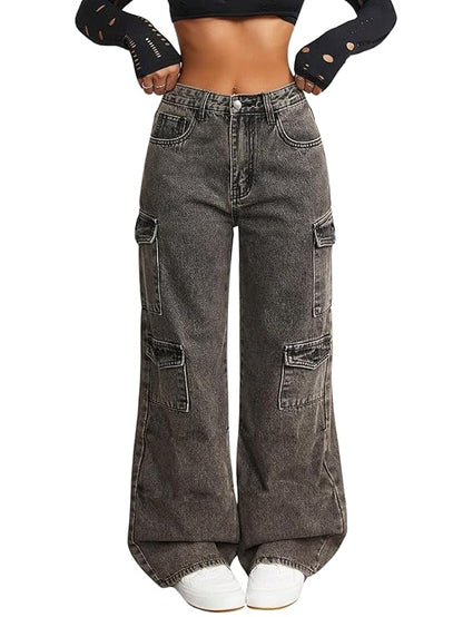 GRAVINIA Cargo Jeans for Women – High Waist Wide Leg Baggy Denim Pants with Utility Pockets, Casual Fit