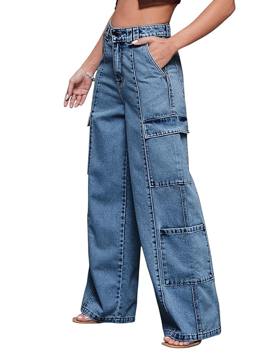 Mira Charm Women's Wide Leg High Rise Denim Pants with Regular Length Fit for Casual Everyday Wear