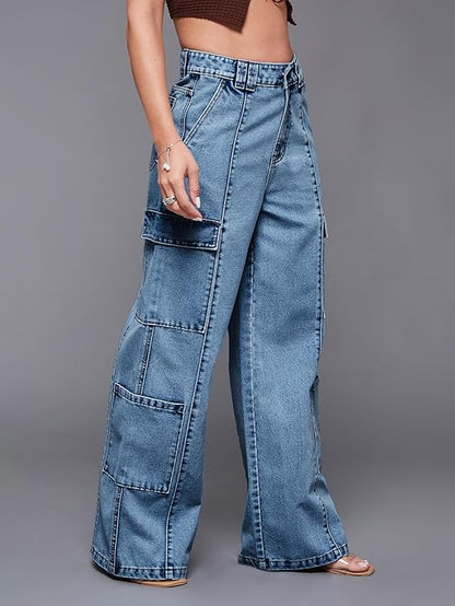 Mira Charm Women's Wide Leg High Rise Denim Pants with Regular Length Fit for Casual Everyday Wear