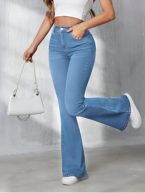 Bella Maris Women’s Light Blue High Waist Flared Bell Bottom Jeans || Wide Leg Stretch Bootcut Denim Pants