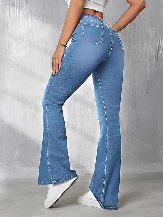 Bella Maris Women’s Light Blue High Waist Flared Bell Bottom Jeans || Wide Leg Stretch Bootcut Denim Pants