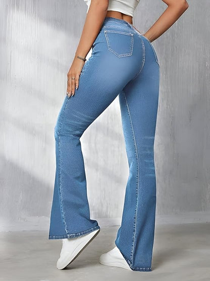 Bella Maris Women’s Light Blue High Waist Flared Bell Bottom Jeans || Wide Leg Stretch Bootcut Denim Pants