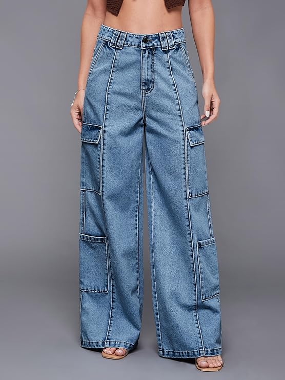 Mira Charm Women's Wide Leg High Rise Denim Pants with Regular Length Fit for Casual Everyday Wear